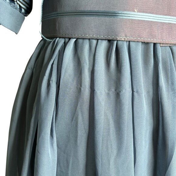 Vintage Blue Sheer Midi Dress Sz Small Metallic Striped Puff Sleeves Belted - Picture 5 of 12